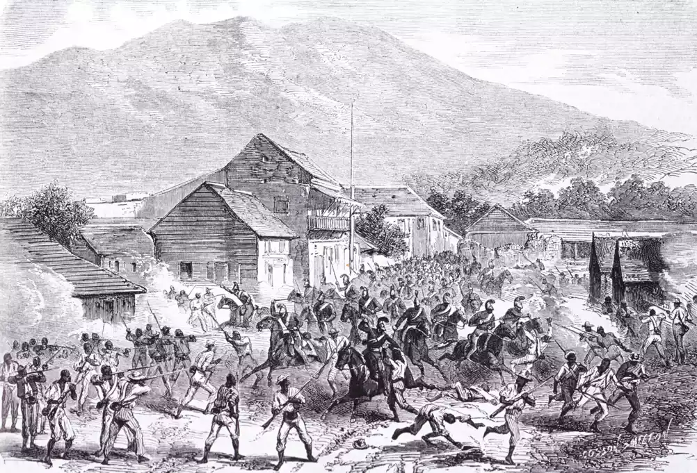 révolte des esclaves contre les armées envoyées par napoléon bonaparte lors de l'expédition de saint domingue entre 1801 et 1803. gravure du xixe siècle